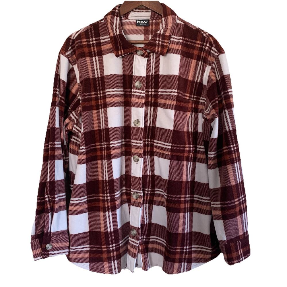 Eddie Bauer Women’s Long Sleeve Plaid Microfleece Shirt/Shacket Size XL Pockets